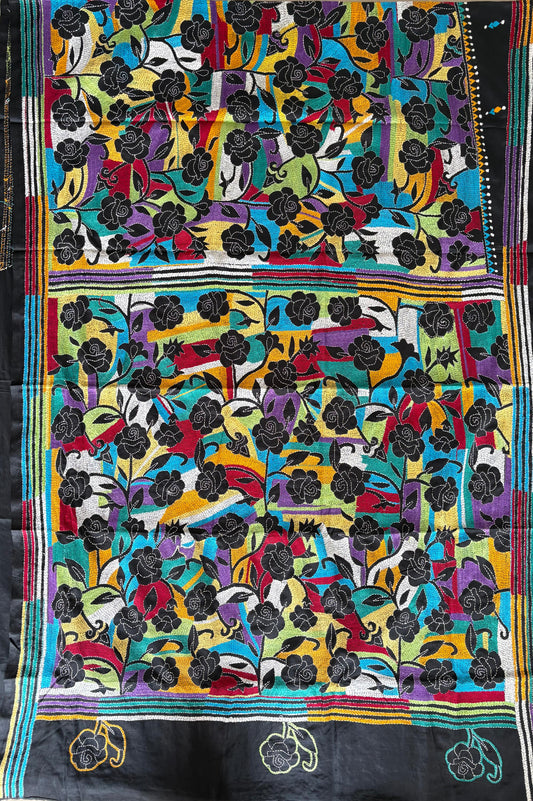 Reverse Kantha Stitch Hand Embroidered Art Silk Saree With Blouse