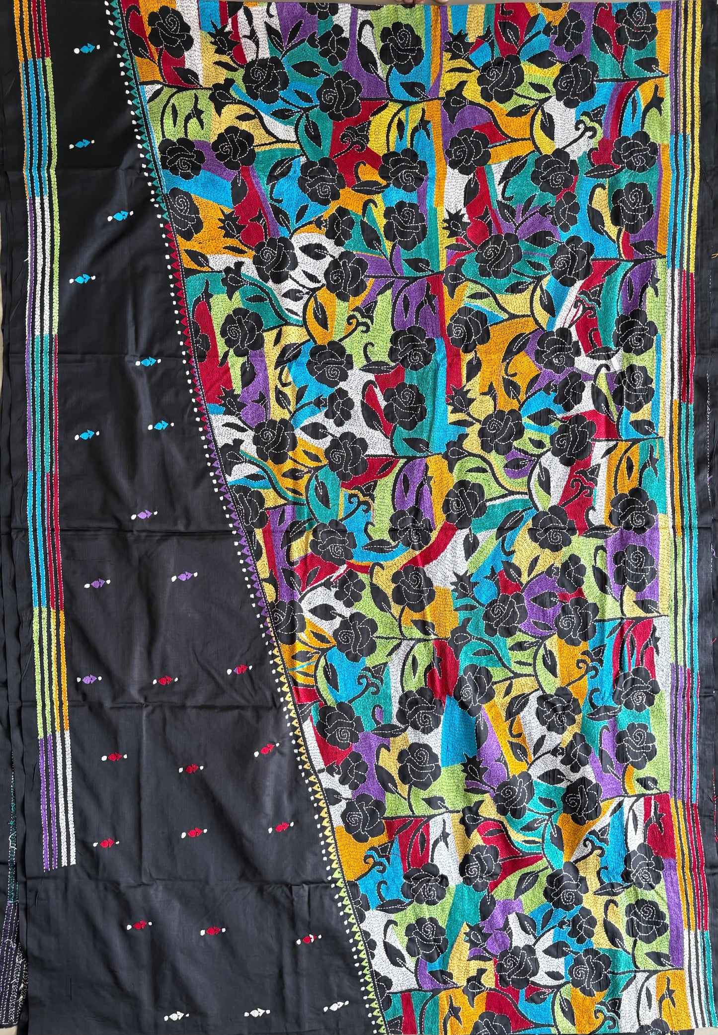 Reverse Kantha Stitch Hand Embroidered Art Silk Saree With Blouse