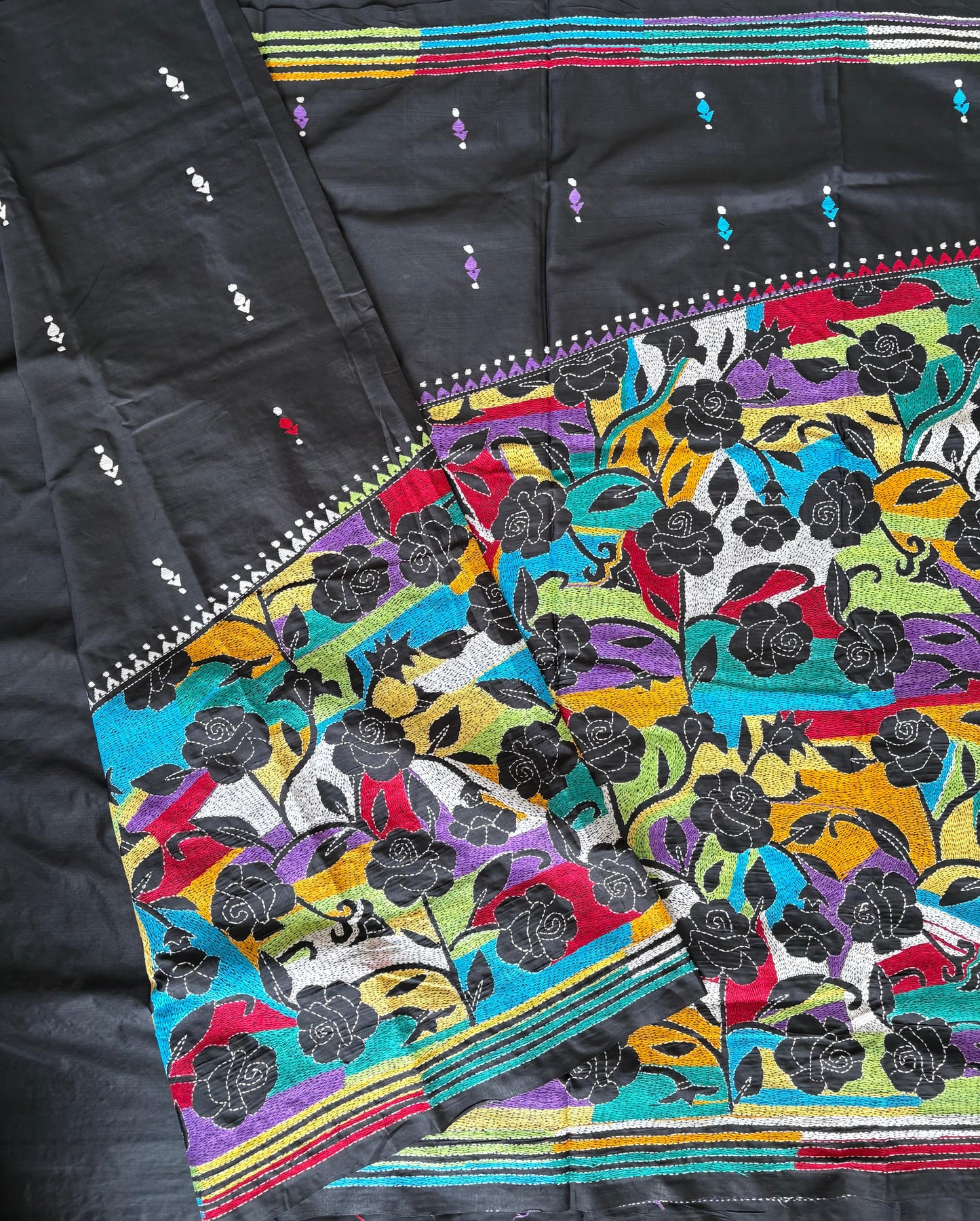 Reverse Kantha Stitch Hand Embroidered Art Silk Saree With Blouse