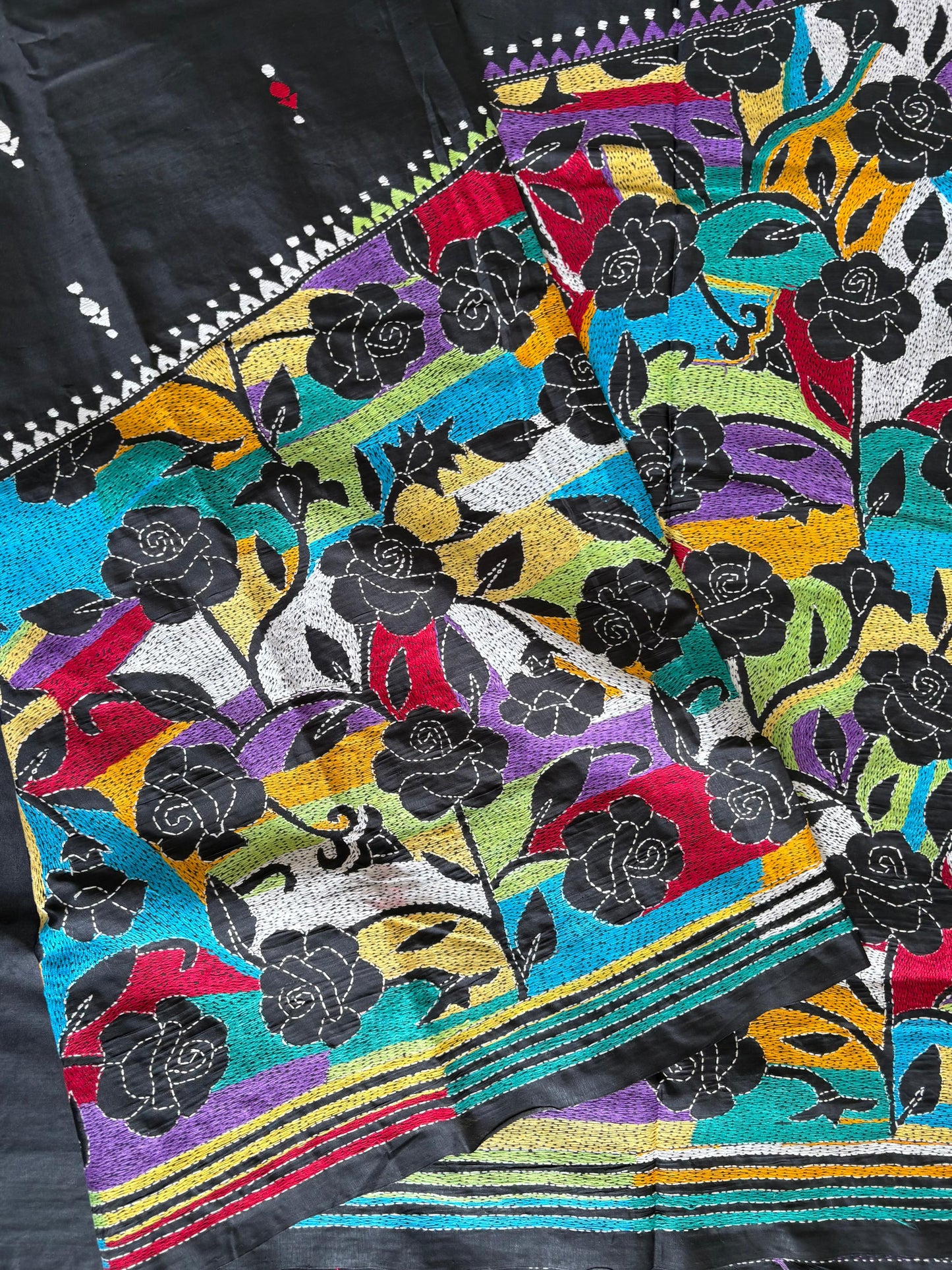 Reverse Kantha Stitch Hand Embroidered Art Silk Saree With Blouse