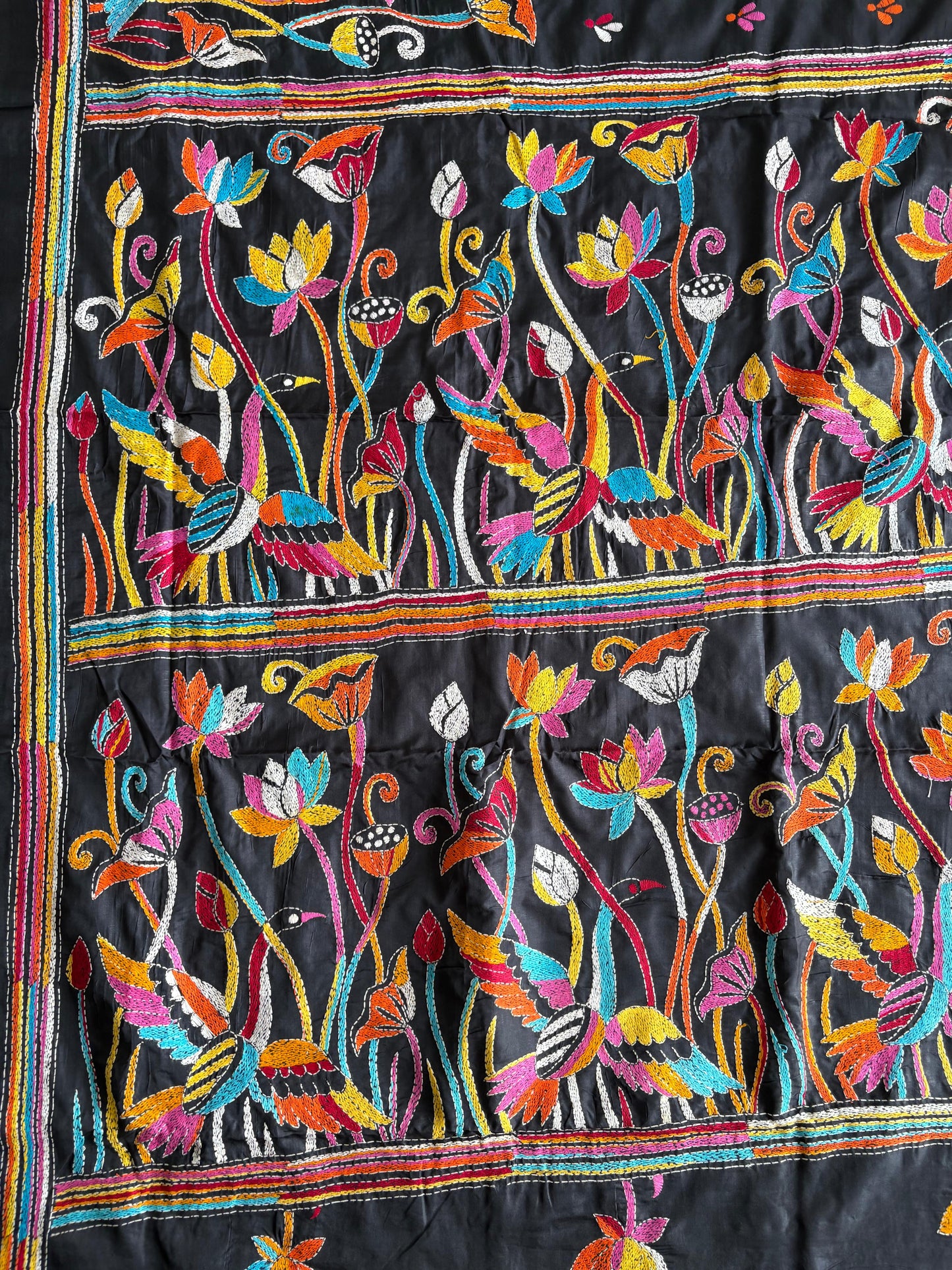 Kantha Hand Embroidered Blended Banglore Silk/Art Silk Saree With Blouse