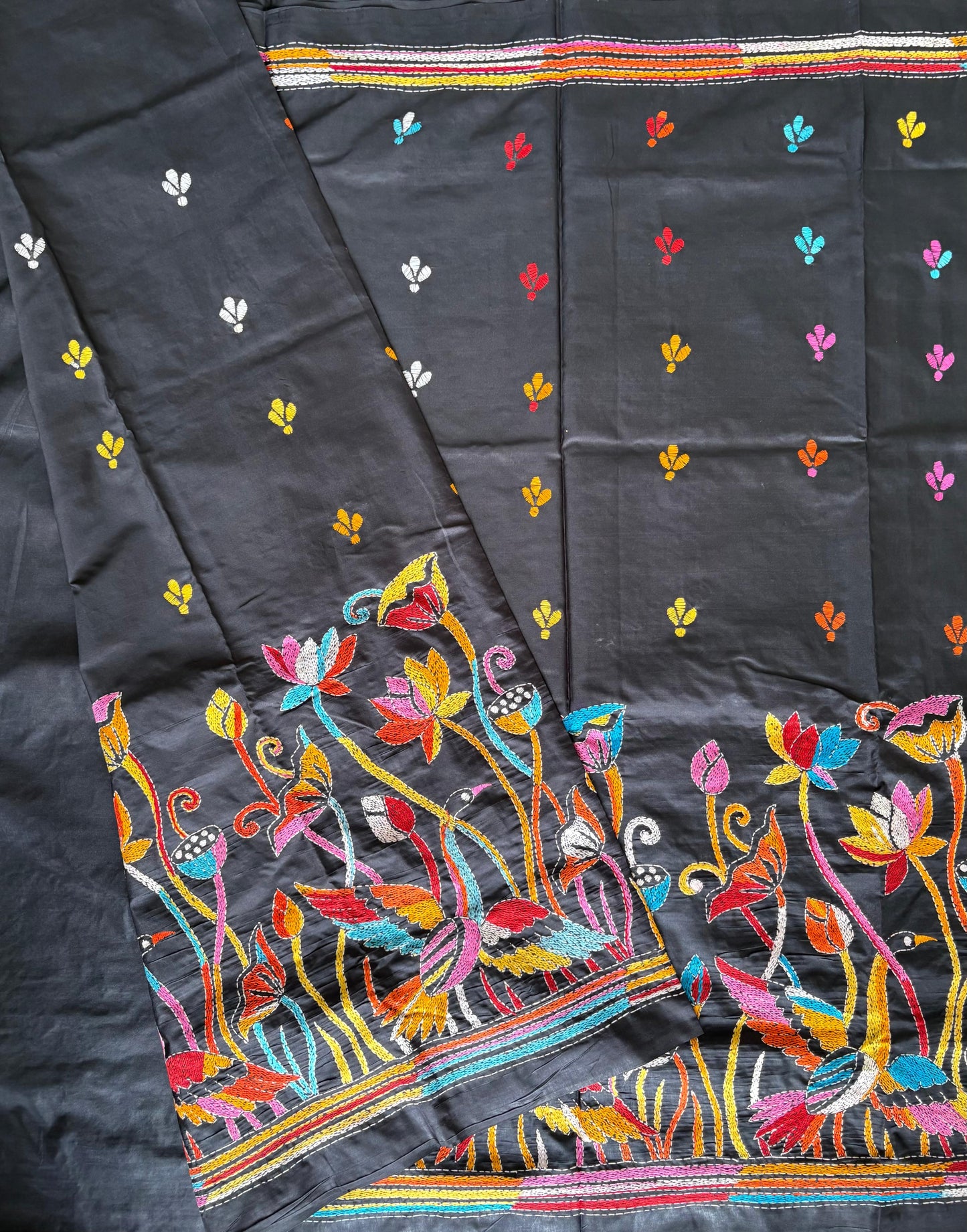 Kantha Hand Embroidered Blended Banglore Silk/Art Silk Saree With Blouse