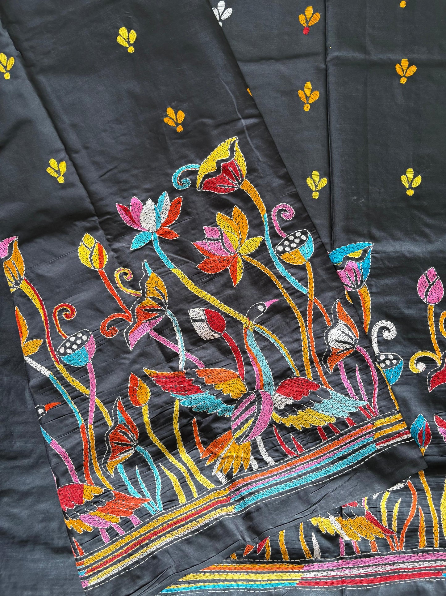 Kantha Hand Embroidered Blended Banglore Silk/Art Silk Saree With Blouse