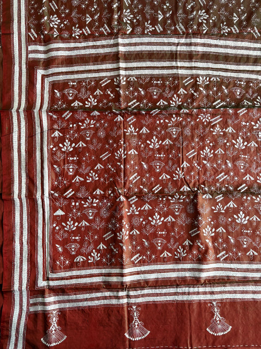 Kantha - Stitch Hand Embroidered Saree | Blended Bangalore Silk / Art Silk | Dual Tone-Muted Orange/Green