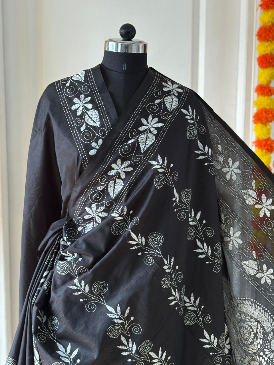 Kantha Stitch Hand Work Embroidered Art Silk Saree With Blouse