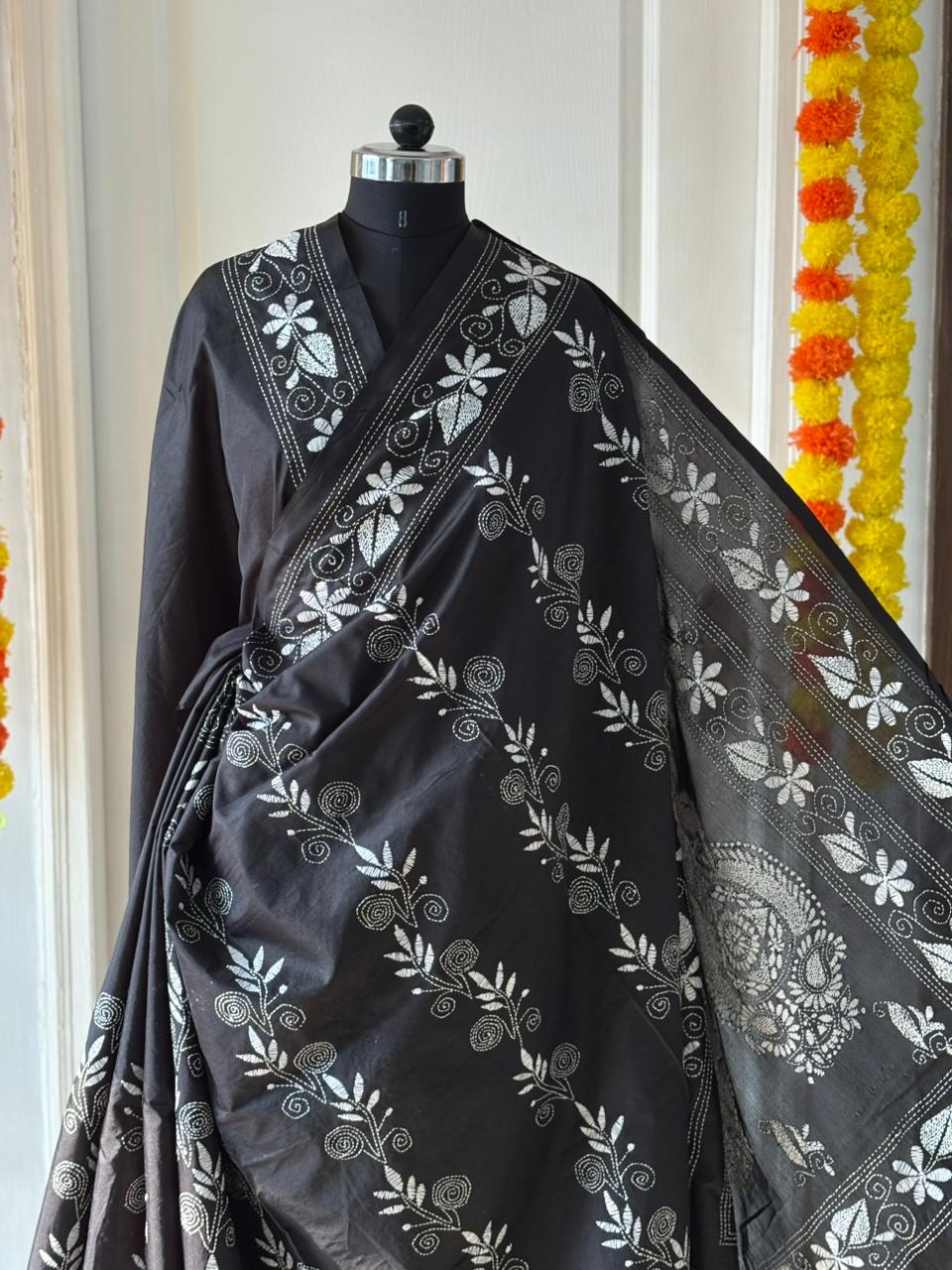 Kantha Stitch Hand Work Embroidered Art Silk Saree With Blouse