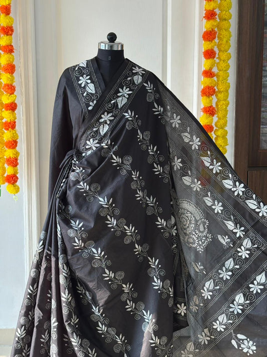 Kantha Stitch Hand Work Embroidered Art Silk Saree With Blouse