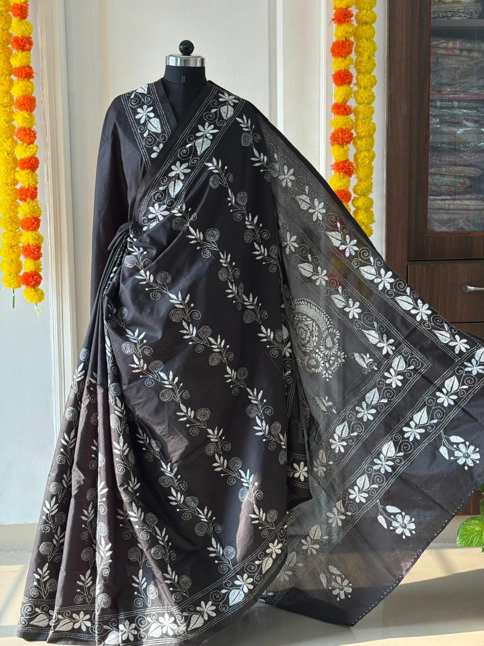 Kantha Stitch Hand Work Embroidered Art Silk Saree With Blouse