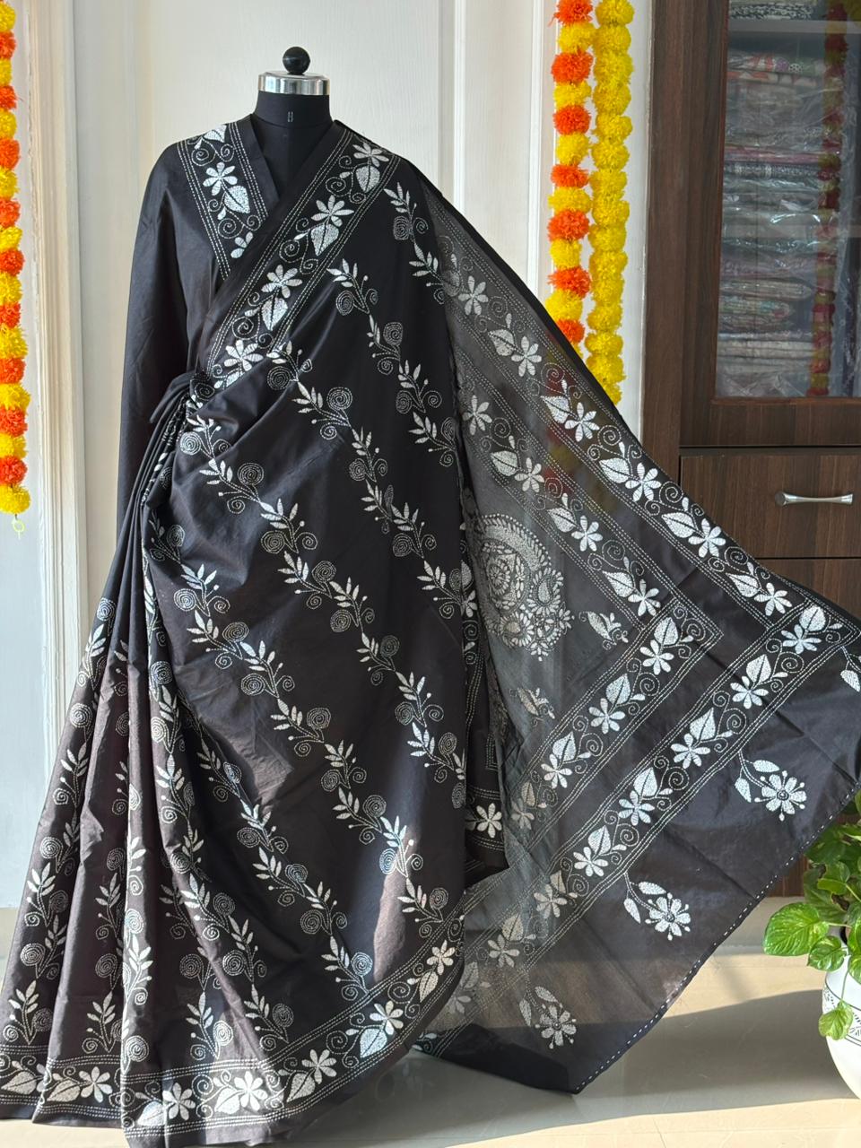 Kantha Stitch Hand Work Embroidered Art Silk Saree With Blouse