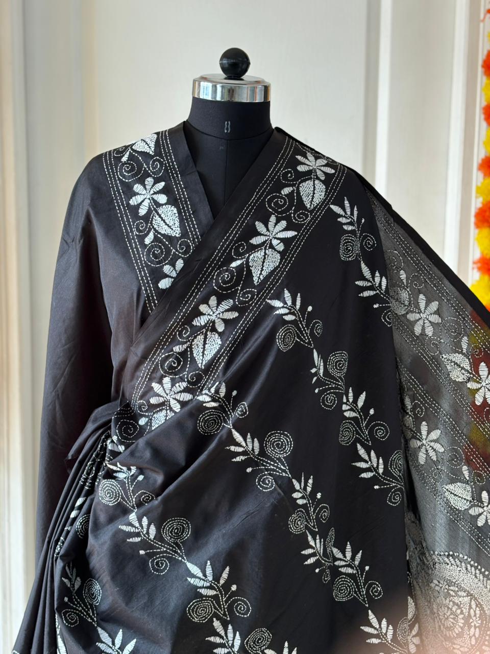 Kantha Stitch Hand Work Embroidered Art Silk Saree With Blouse