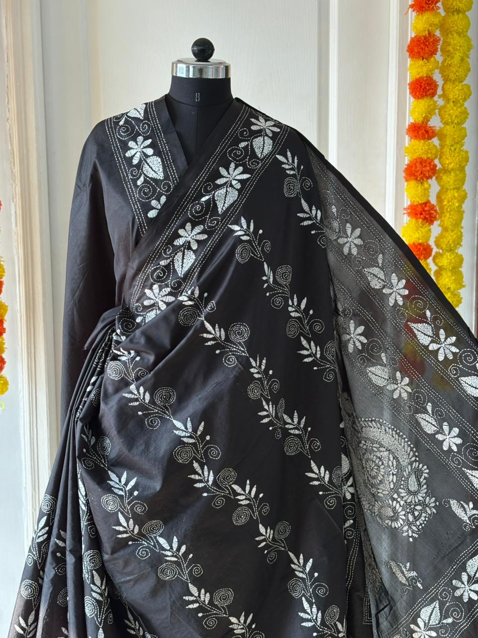 Kantha Stitch Hand Work Embroidered Art Silk Saree With Blouse