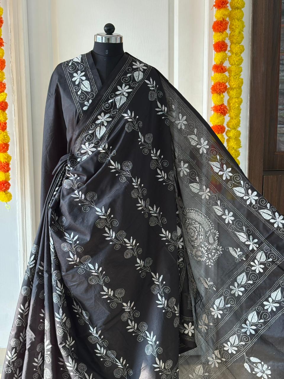 Kantha Stitch Hand Work Embroidered Art Silk Saree With Blouse