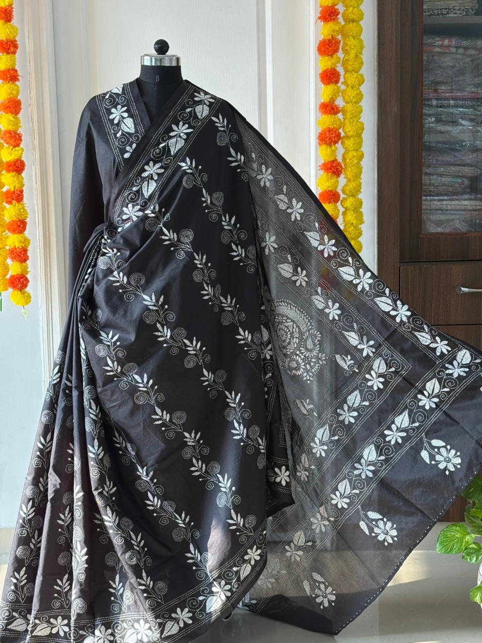 Kantha Stitch Hand Work Embroidered Art Silk Saree With Blouse