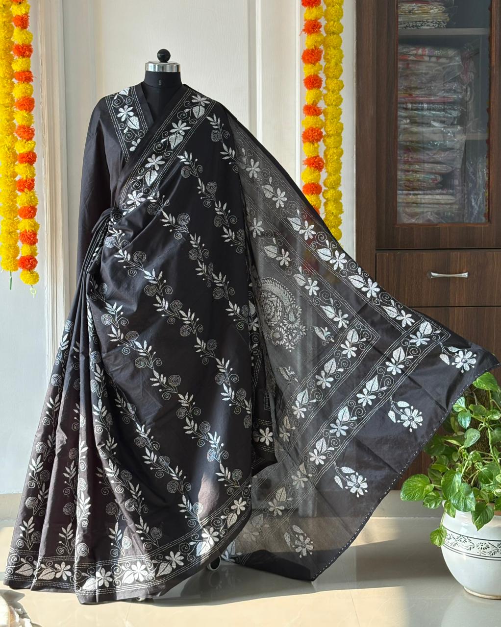 Kantha Stitch Hand Work Embroidered Art Silk Saree With Blouse