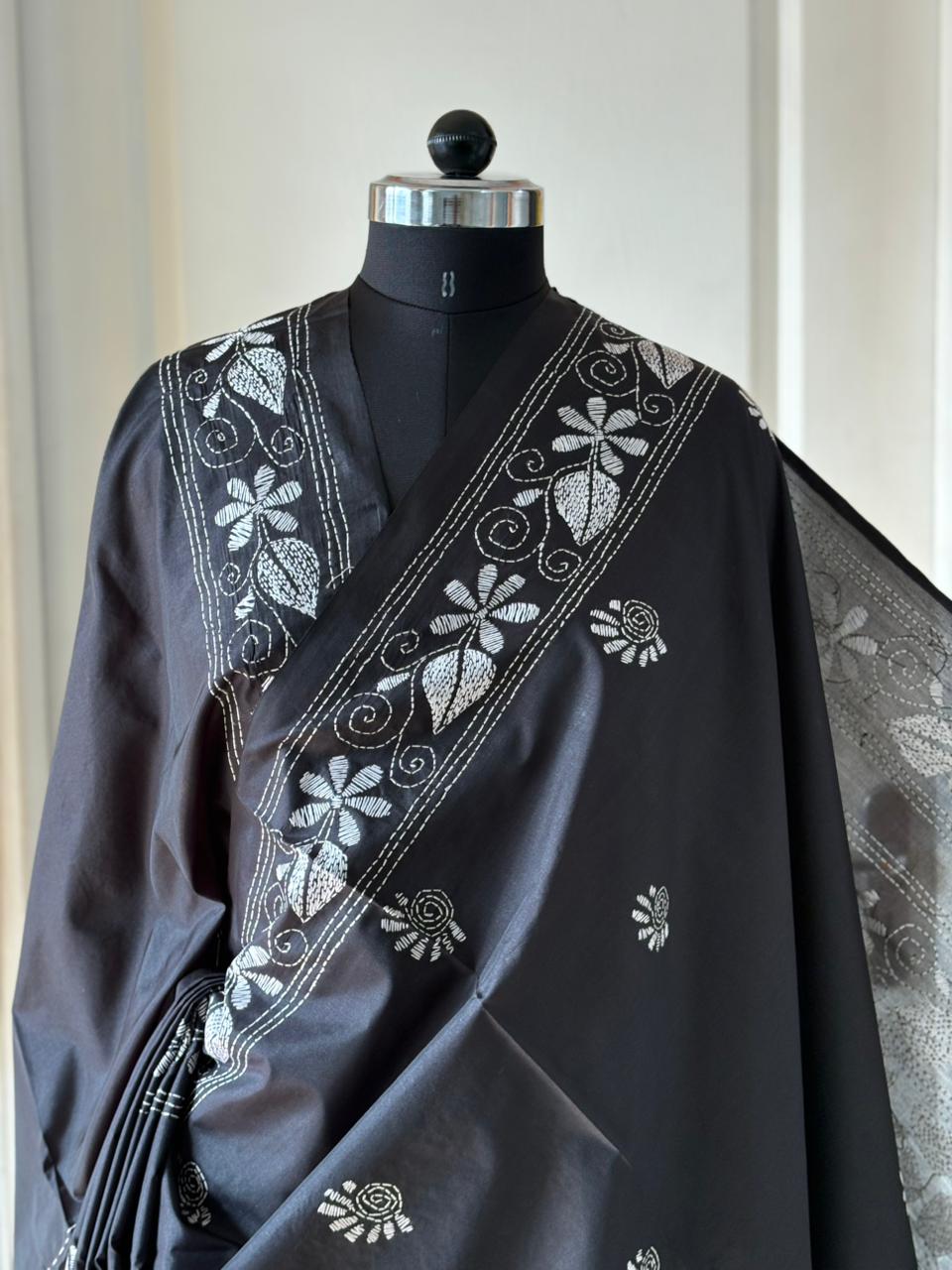 Kantha Stitch Hand Work Embroidered Art Silk Saree With Blouse