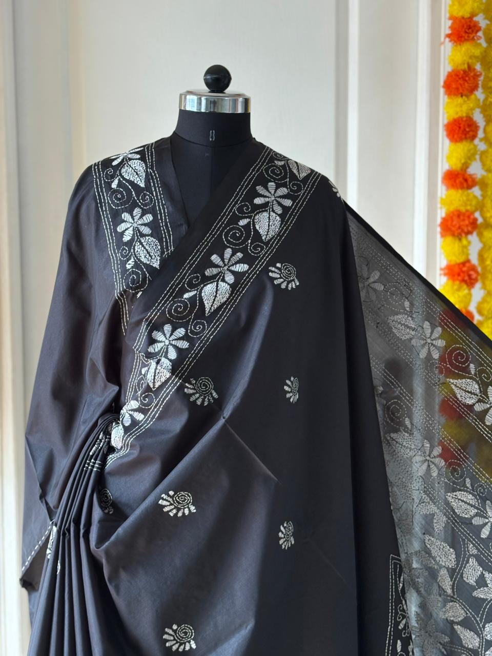 Kantha Stitch Hand Work Embroidered Art Silk Saree With Blouse