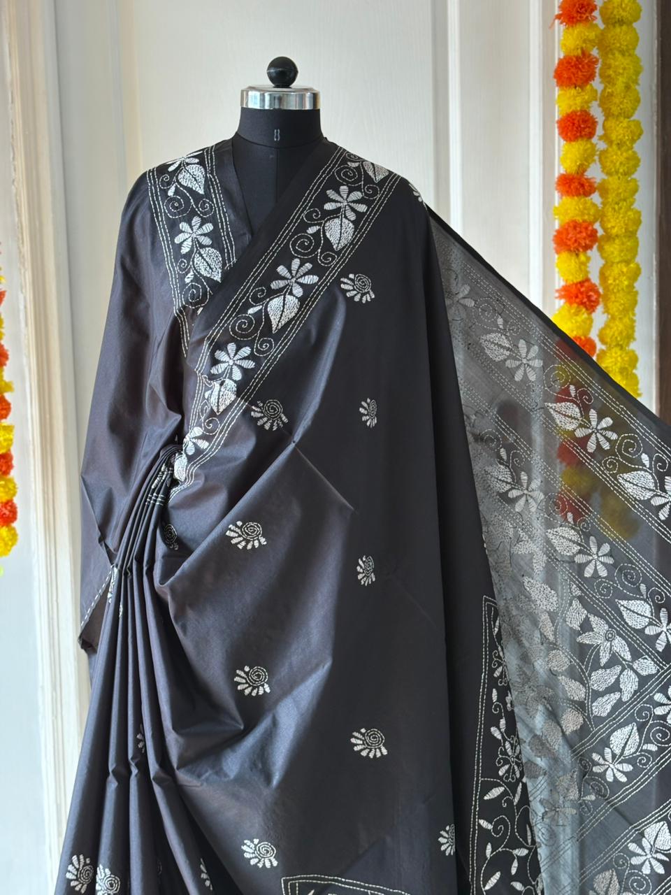 Kantha Stitch Hand Work Embroidered Art Silk Saree With Blouse