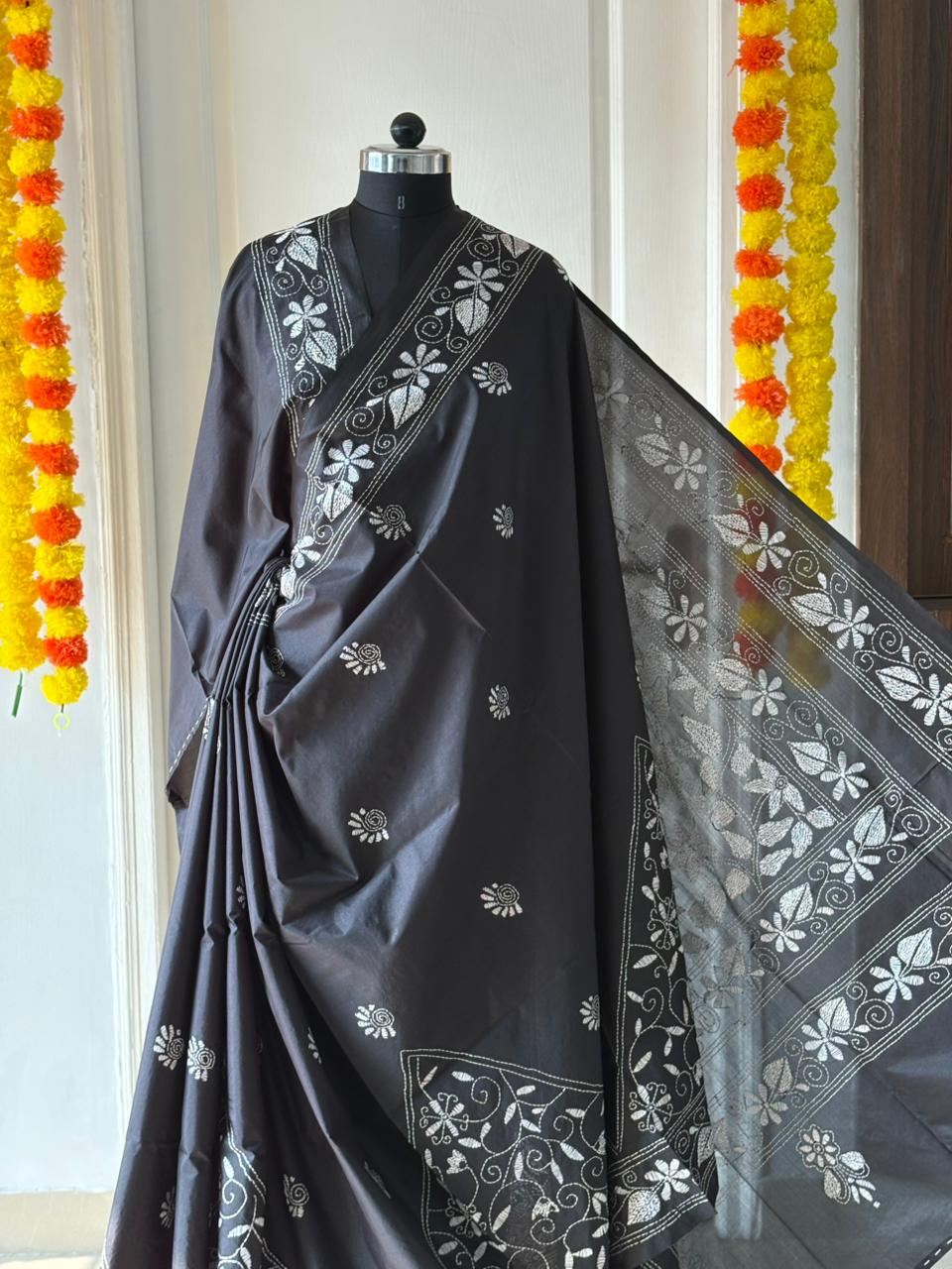Kantha Stitch Hand Work Embroidered Art Silk Saree With Blouse