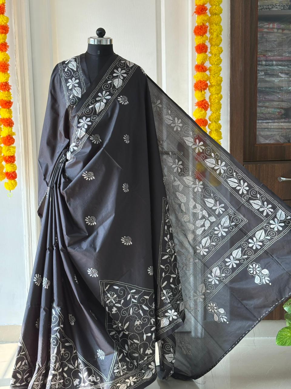 Kantha Stitch Hand Work Embroidered Art Silk Saree With Blouse