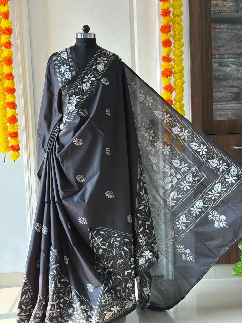 Kantha Stitch Hand Work Embroidered Art Silk Saree With Blouse