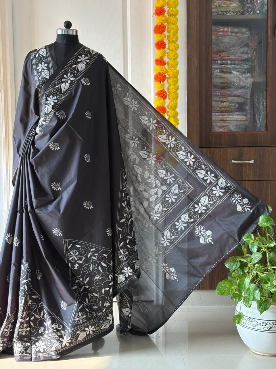 Kantha Stitch Hand Work Embroidered Art Silk Saree With Blouse