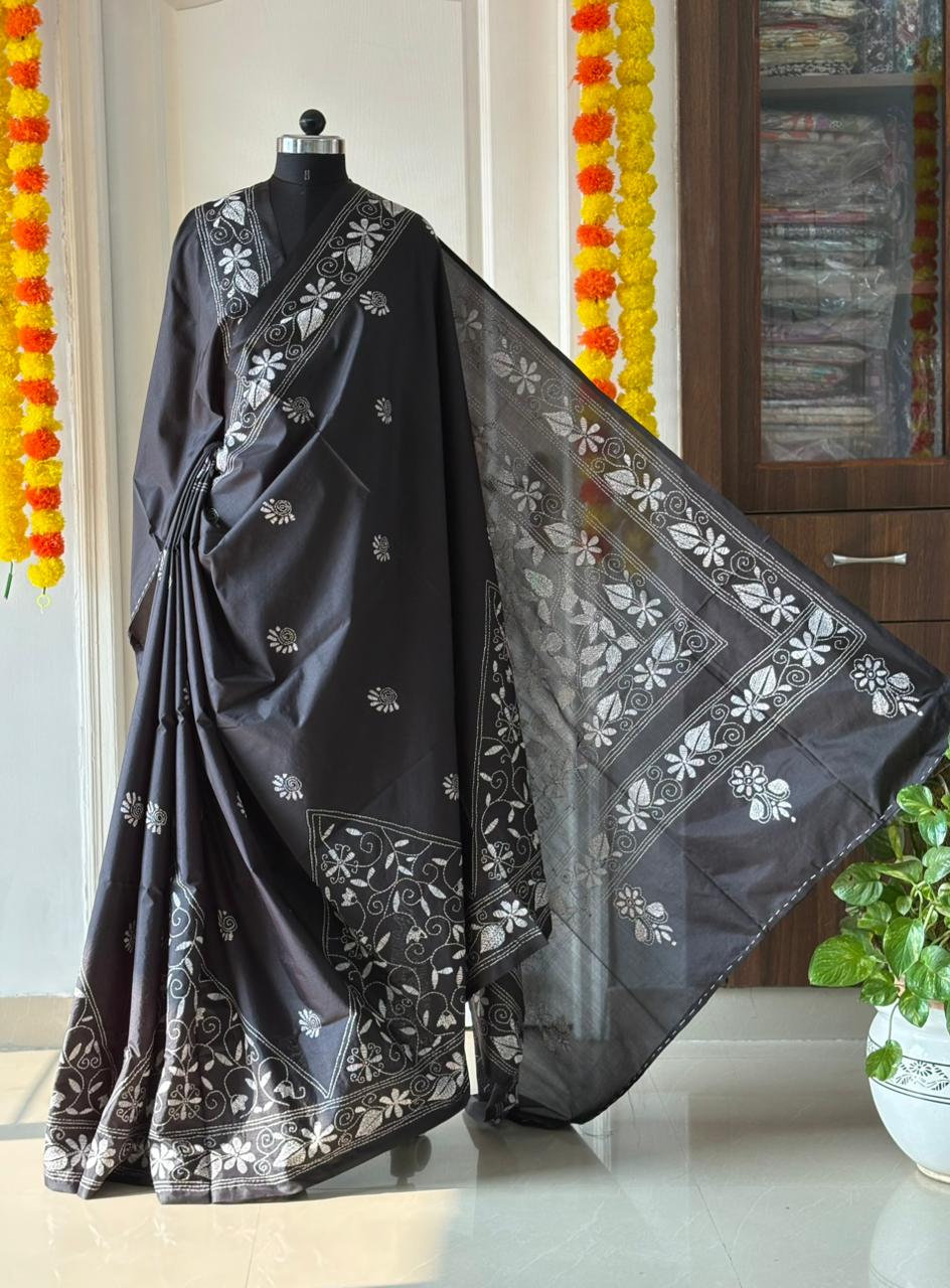 Kantha Stitch Hand Work Embroidered Art Silk Saree With Blouse