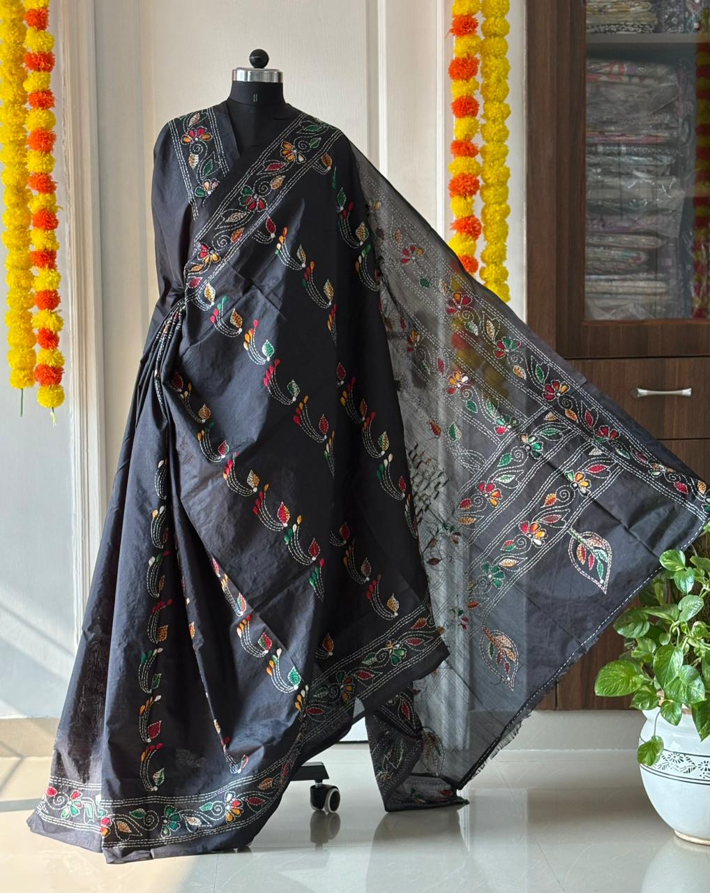 Kantha Stitch Hand Work Embroidered Art Silk Saree With Blouse