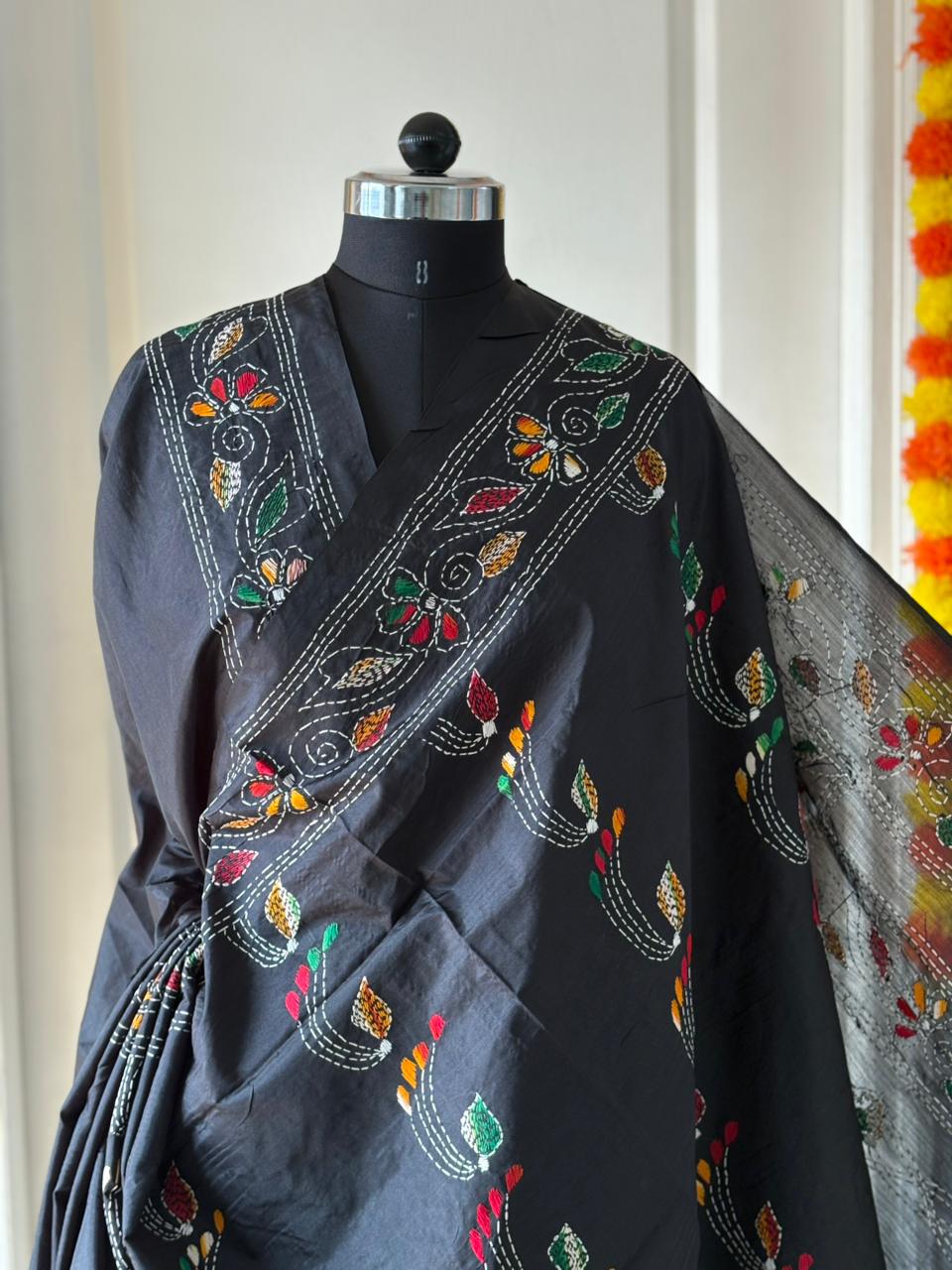 Kantha Stitch Hand Work Embroidered Art Silk Saree With Blouse