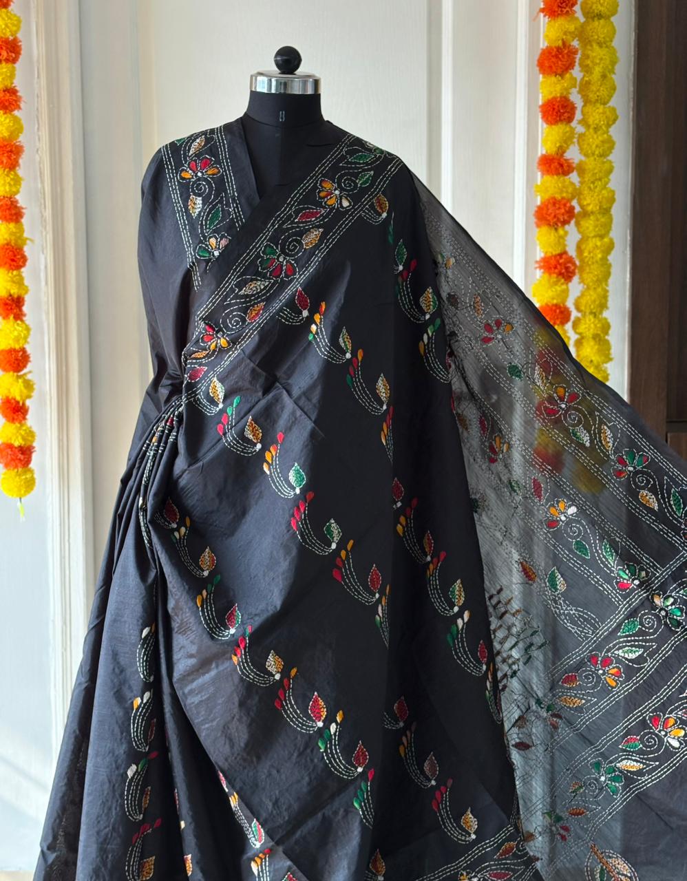 Kantha Stitch Hand Work Embroidered Art Silk Saree With Blouse