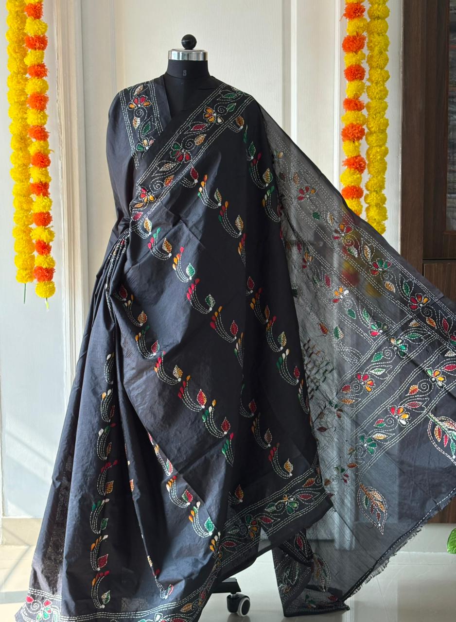 Kantha Stitch Hand Work Embroidered Art Silk Saree With Blouse