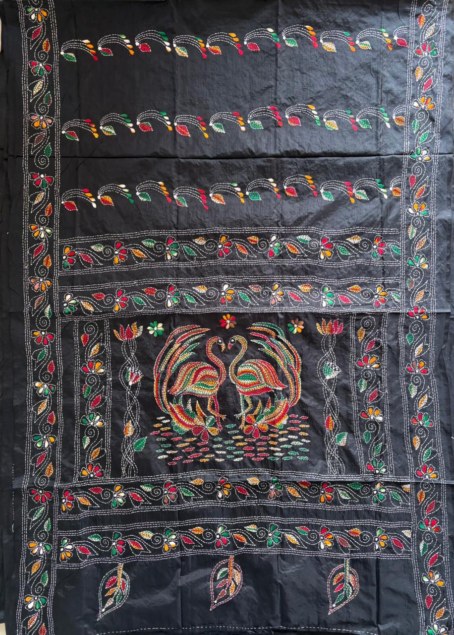 Kantha Stitch Hand Work Embroidered Art Silk Saree With Blouse