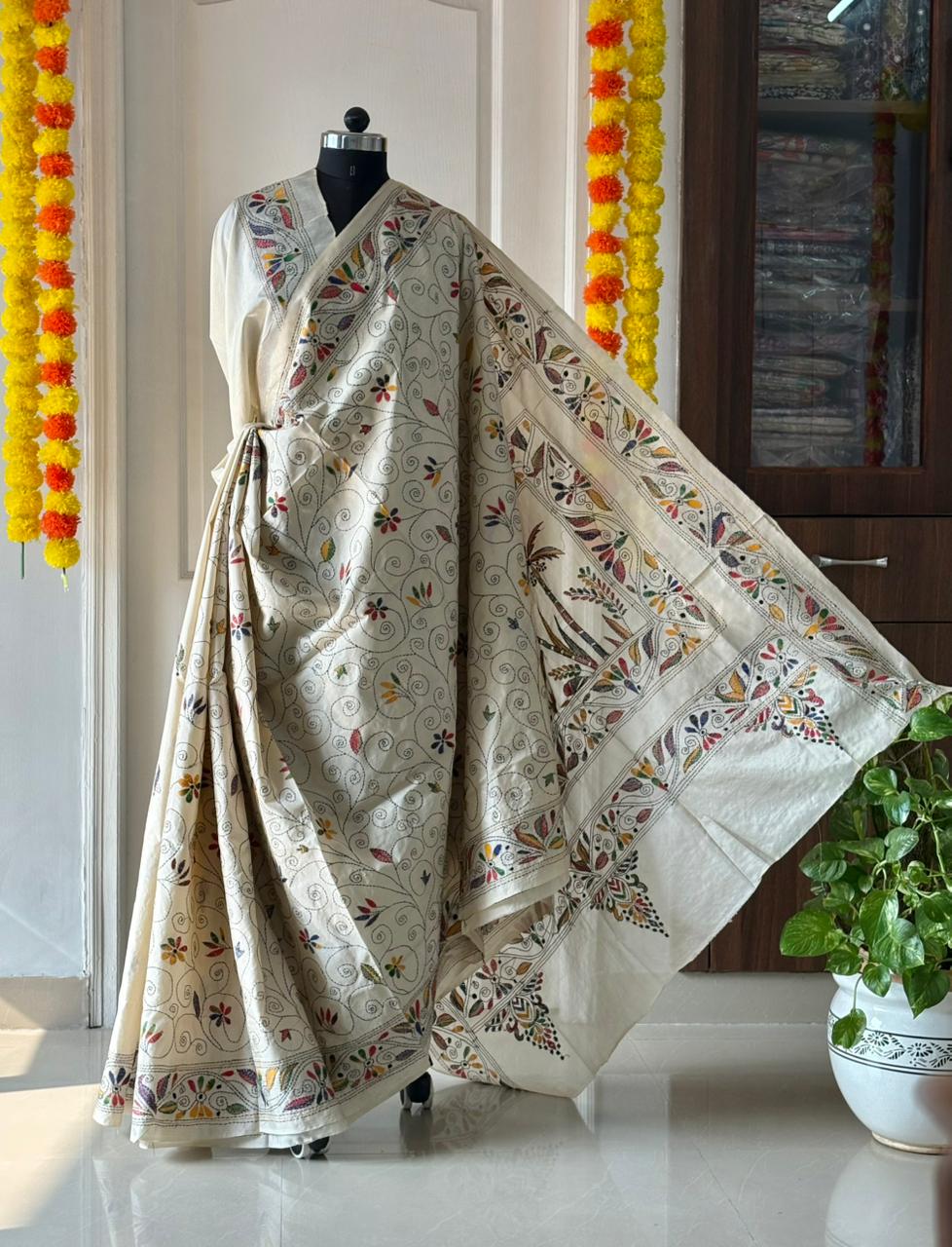 Kantha Stitch Hand Work Embroidered Art Silk Saree With Blouse