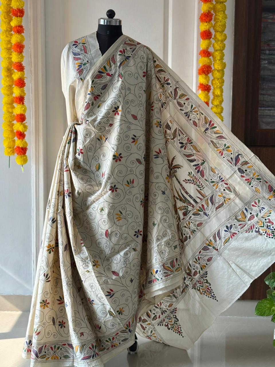 Kantha Stitch Hand Work Embroidered Art Silk Saree With Blouse