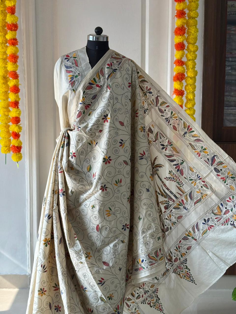 Kantha Stitch Hand Work Embroidered Art Silk Saree With Blouse