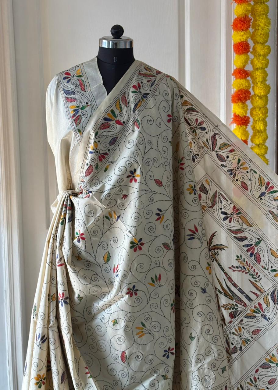 Kantha Stitch Hand Work Embroidered Art Silk Saree With Blouse