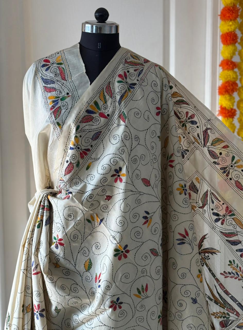 Kantha Stitch Hand Work Embroidered Art Silk Saree With Blouse