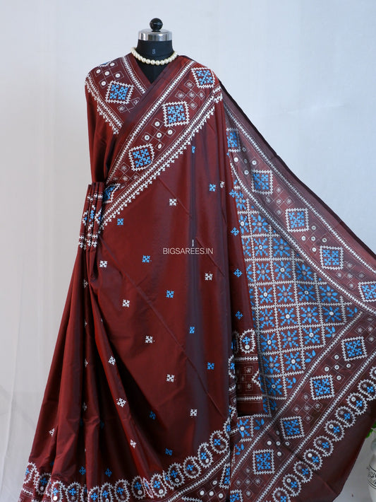 Kutchi/Gujarati Stitch Hand Embroidered Saree | Art Silk | Foil Mirror | Maroon