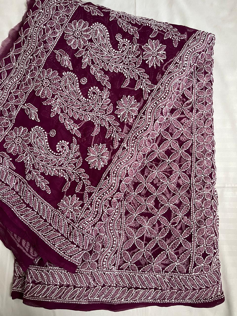 Ultra wine Chikankari Work Hand Embroidered Georgette Saree