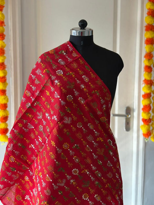 Kantha Hand Embroidary Full Work Pure Cotton Dupatta-Red “36”