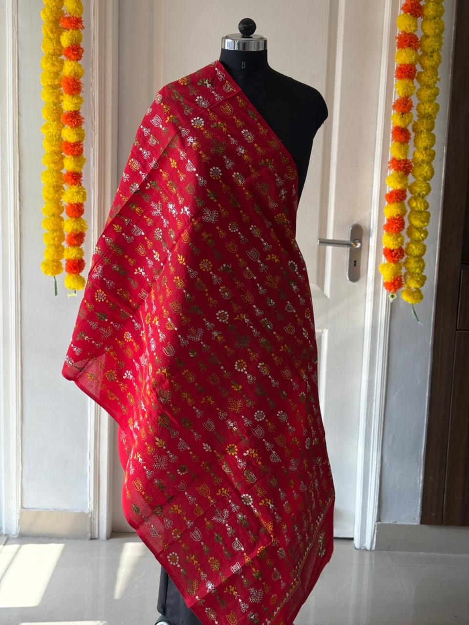 Kantha Hand Embroidary Full Work Pure Cotton Dupatta-Red “36”