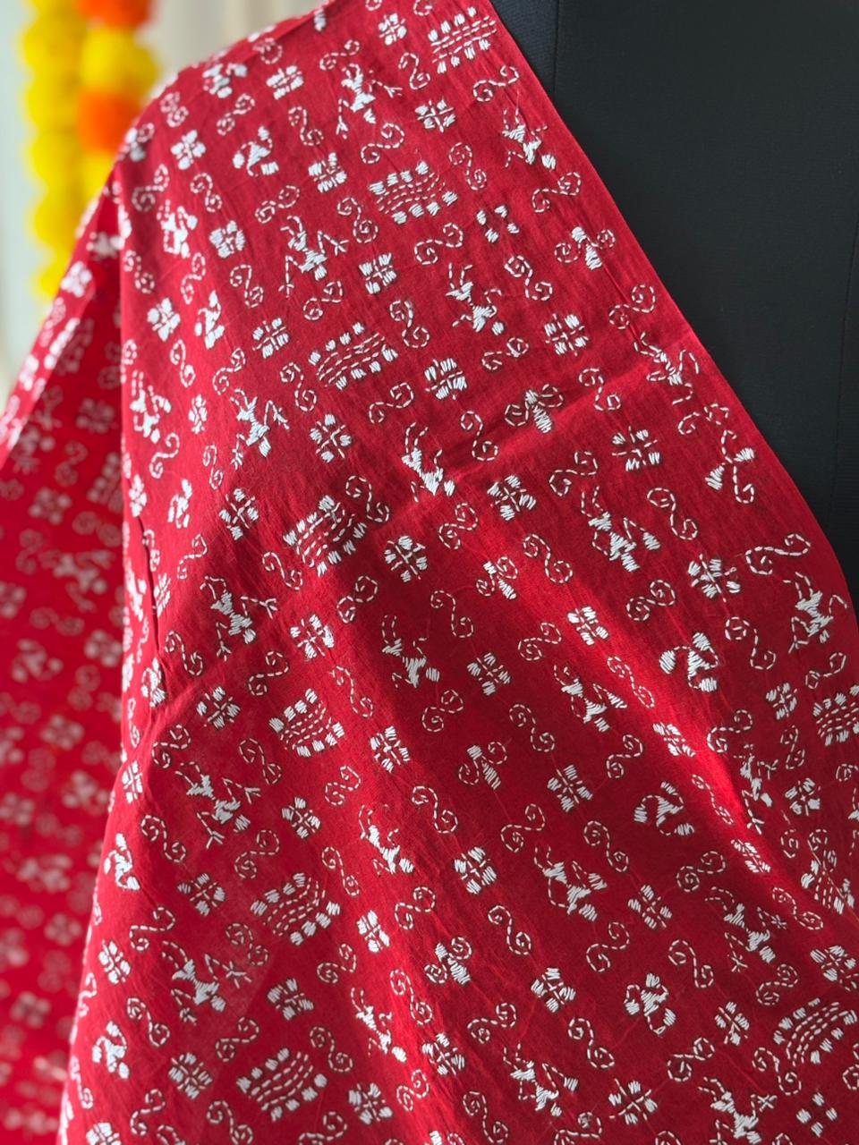 Kantha Hand Embroidary Full Work Pure Cotton Dupatta-Red “36”