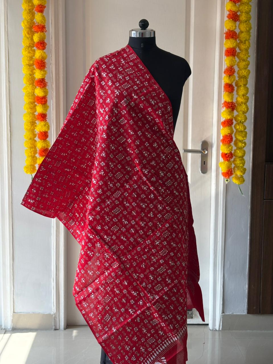 Kantha Hand Embroidary Full Work Pure Cotton Dupatta-Red “36”