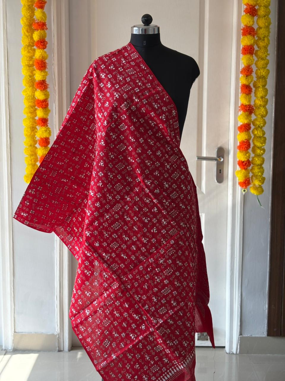 Kantha Hand Embroidary Full Work Pure Cotton Dupatta-Red “36”