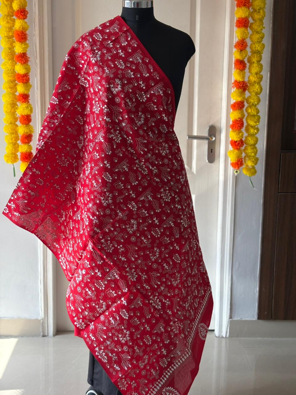 Kantha Hand Embroidary Full Work Pure Cotton Dupatta-Red “36”