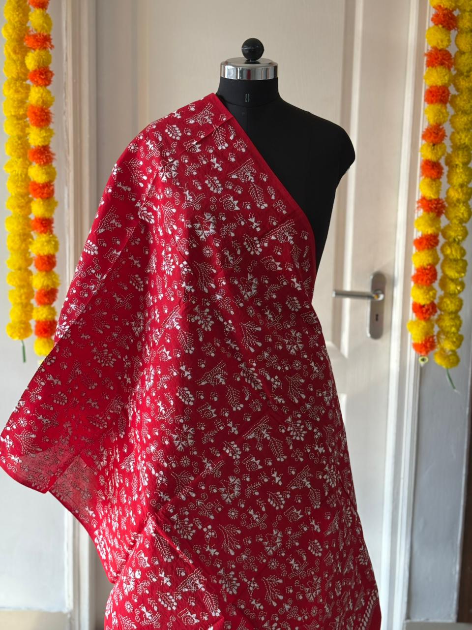 Kantha Hand Embroidary Full Work Pure Cotton Dupatta-Red “36”