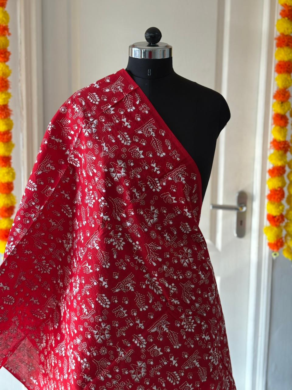 Kantha Hand Embroidary Full Work Pure Cotton Dupatta-Red “36”