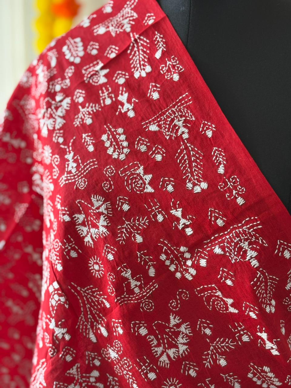 Kantha Hand Embroidary Full Work Pure Cotton Dupatta-Red “36”
