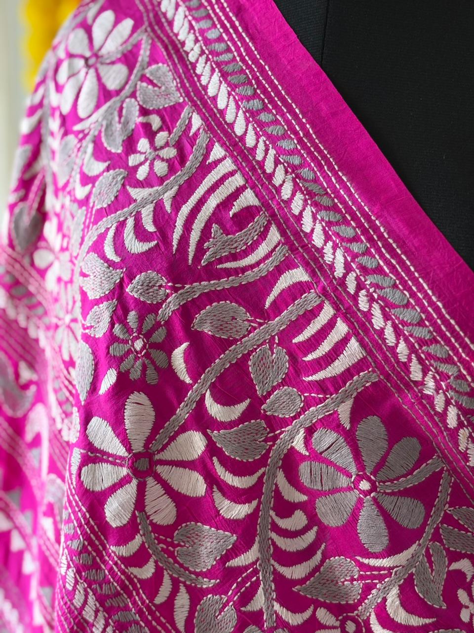 Rani Pink Kantha Stitch Hand Embroidary Full Work Pure Banglore Silk Dupatta. (With Silk Mark)