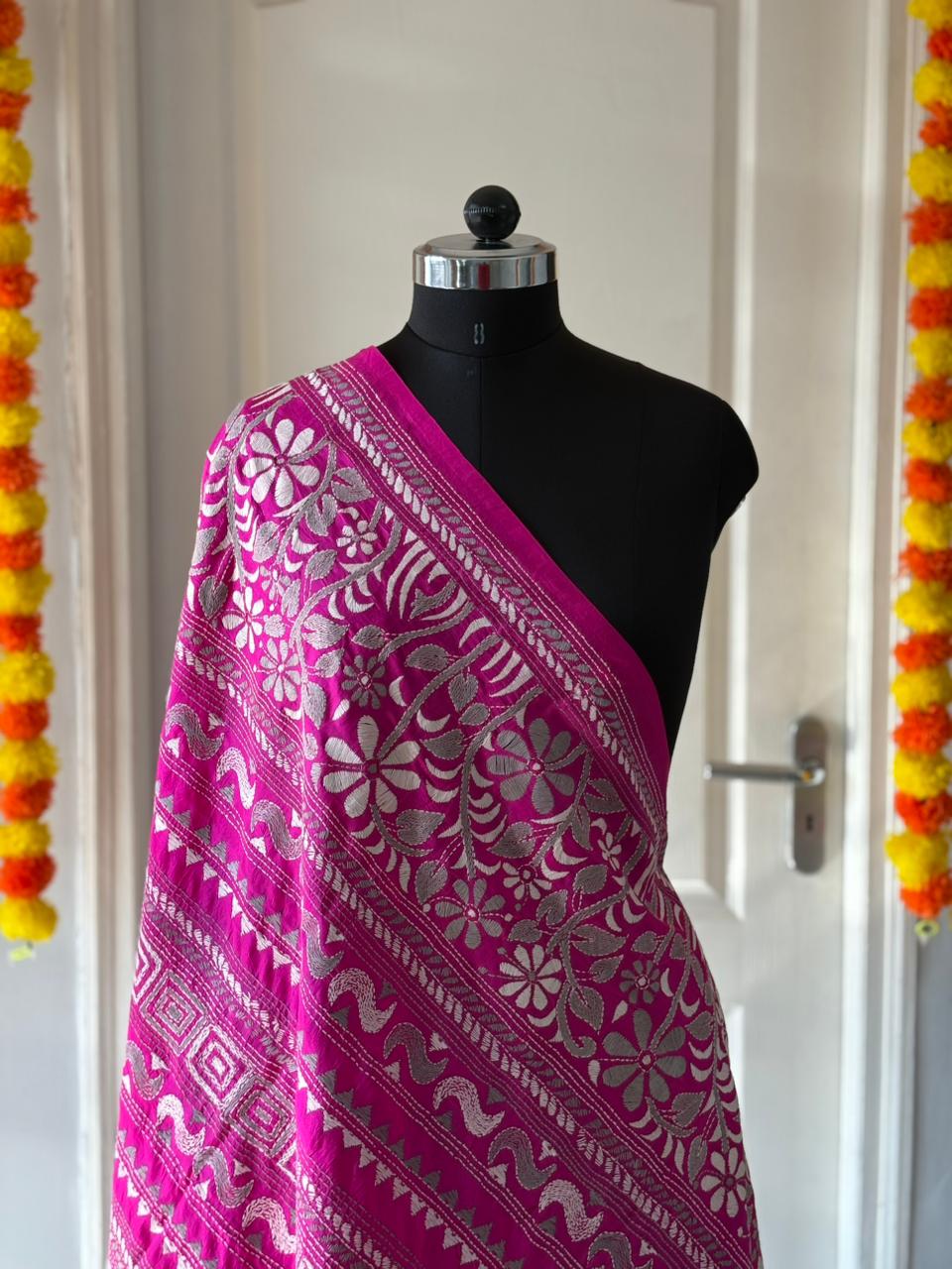 Rani Pink Kantha Stitch Hand Embroidary Full Work Pure Banglore Silk Dupatta. (With Silk Mark)