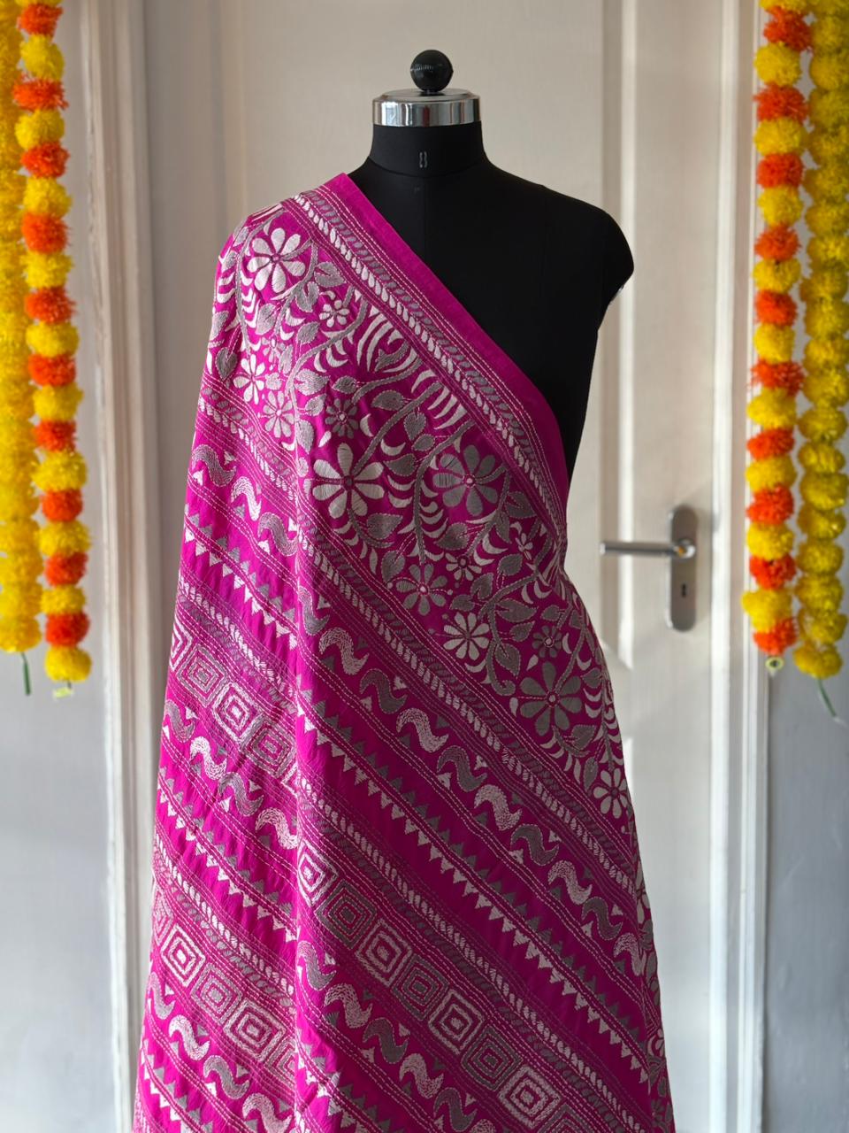 Rani Pink Kantha Stitch Hand Embroidary Full Work Pure Banglore Silk Dupatta. (With Silk Mark)